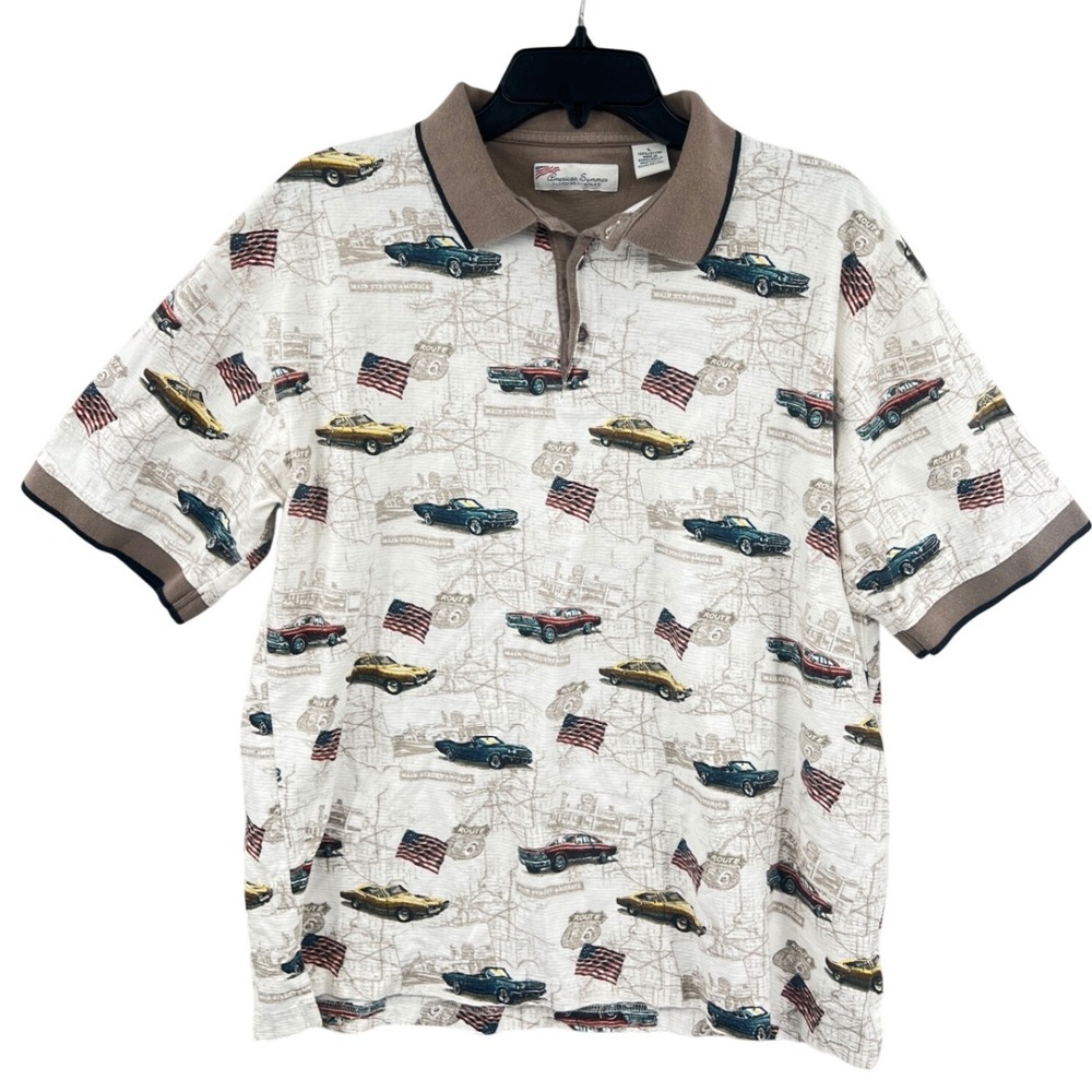 American Summer Polo Shirt Mens L White Route 66 Classic Car American Flag